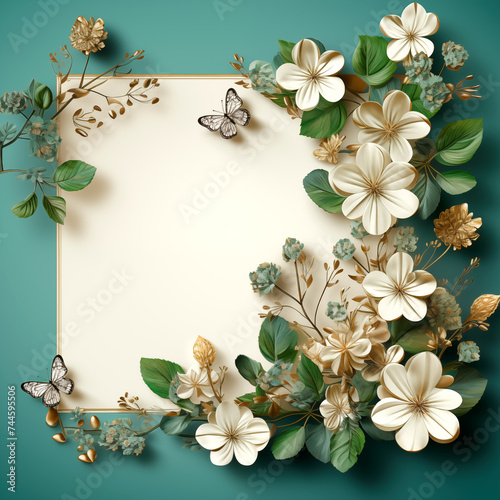 Postcard template with blank space flanked by white flowers and green leaves. Postcard, empty space for inscription.