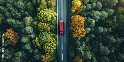 Red huge truck seen from above traveling through a woodland on a little road. Generative Ai. © Planum