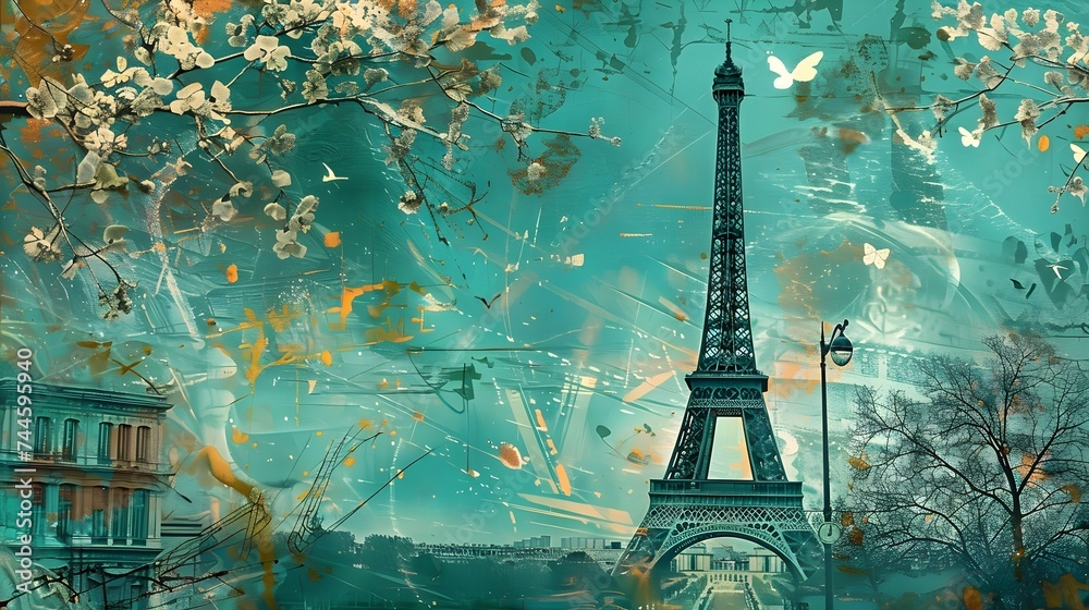 Vintage Eiffel Tower and Spring Blossoms in Teal and Orange Wallpaper Background