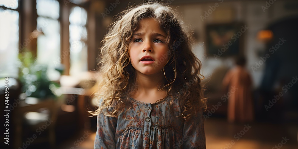A young girl expressing frustration by crying in a family setting. Concept Emotional expression, Family dynamics, Frustration, Childhood emotions, Family conflict