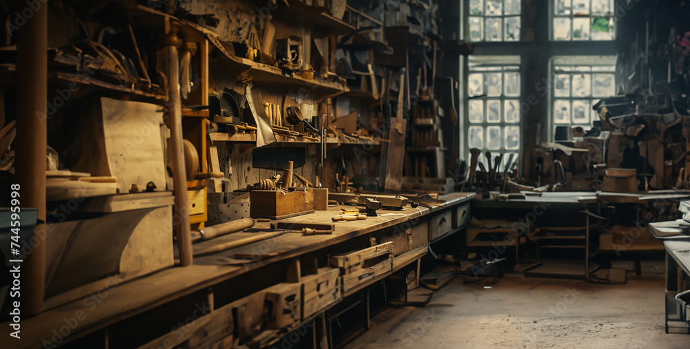 old abandoned factory, the precision and focus of a carpenter crafting fine furniture in a woodworking workshop, using hand tools and expertise to shape and assemble wood