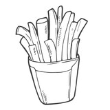 Hand drawn doodle of french fries in a paper pack.