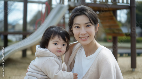 A smiling woman is holding a young child at a playground.
