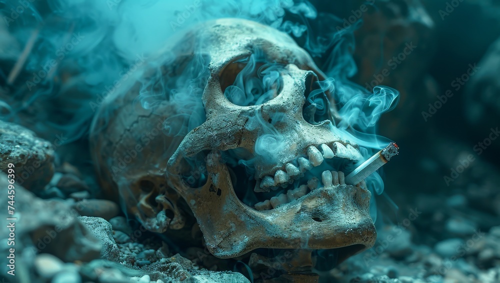 A haunting skull, surrounded by a reef of vibrant sea life, releases a mystical smoke that embodies the circle of life and the interconnectedness of all living creatures A haunting skull, surrounded by a reef of vibrant sea life, releases a mystical smoke that embodies the circle of life and the interconnectedness of all living creatures