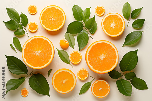 Orange and lime slices with green leaves, top view and flattened.