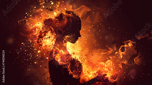 Fiery Woman Silhouette Against Dark Background
