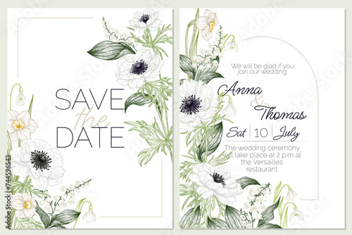 Vector wedding invitation template with spring flowers. Anemone, snowdrops, lilies of the valley, daffodils photo