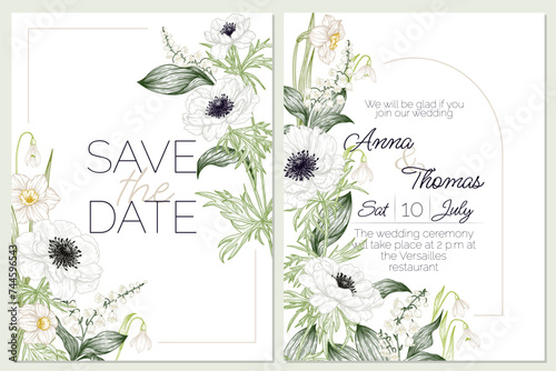 Vector wedding invitation template with spring flowers. Anemone, snowdrops, lilies of the valley, daffodils