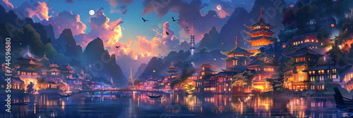 Immerse in a breathtaking fantasy cityscape with traditional asian architecture photo