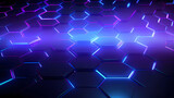  abstract innovation technology background featuring blue and purple neon lighting and a hexagonal geometric pattern