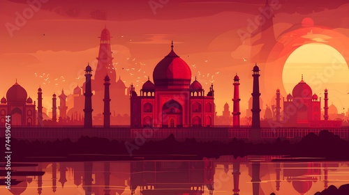 Silhouetted Taj Mahal at Sunset Orange and Red Hues Wallpaper Background © Fever Dreams