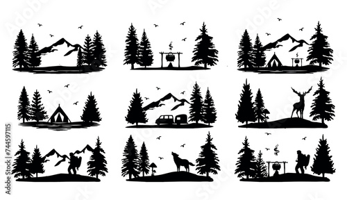 Camping tent tree mountain silhouette vector set