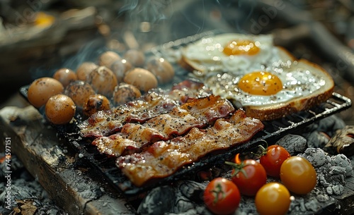 A sizzling summer feast of crispy bacon and savory eggs, perfectly charred on the grill alongside a medley of vibrant vegetables, creating a mouth-watering barbecue sensation for the ultimate meat-lo