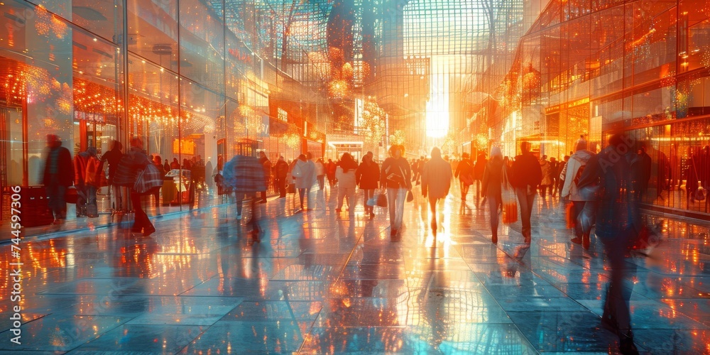 A group of people strolling through a shopping mall at night, their reflections shining in the amber light, surrounded by the bustling city streets and illuminated buildings, with the sound of rain p