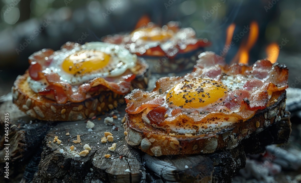 Indulge in the ultimate outdoor treat - crispy toast topped with savory eggs and sizzling bacon, a finger food sensation perfect for any cuisine craving