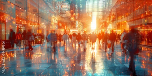A group of people strolling through a shopping mall at night, their reflections shining in the amber light, surrounded by the bustling city streets and illuminated buildings, with the sound of rain p