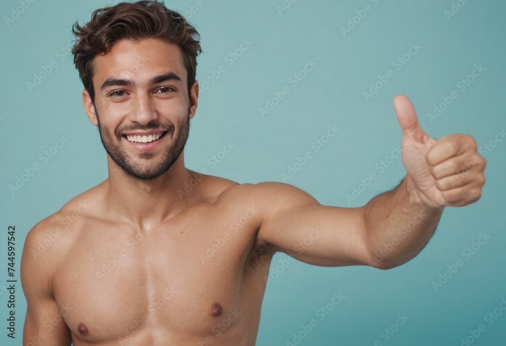 A shirtless man with a confident smile giving a thumbs up, embodying health and fitness against a teal backdrop.