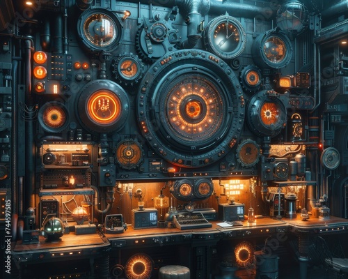 Steampunk IoT kingdom interconnected gears and steam powered IoT devices twilight ambiance