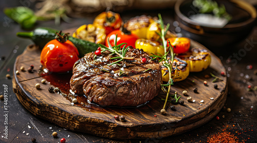 Food photography, grilled beef,grilled vegetables,in a luxurious Michelin kitchen style, studio lighting. 
