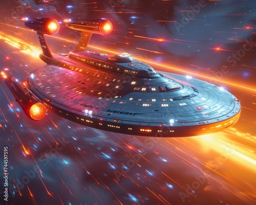 Starship at warp speed streaking past stars on its interstellar odyssey