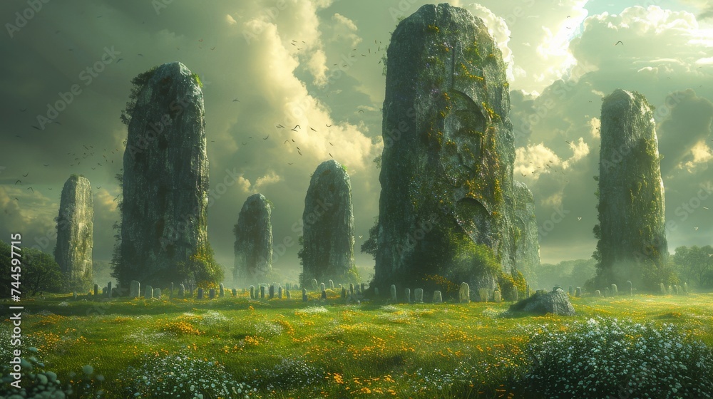 Neolithic villagers in lush green landscapes building stone monuments under ancient skies - obrazy, fototapety, plakaty 
