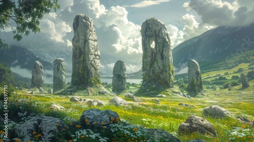 Neolithic villagers in lush green landscapes building stone monuments under ancient skies photo