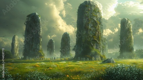Neolithic villagers in lush green landscapes building stone monuments under ancient skies photo