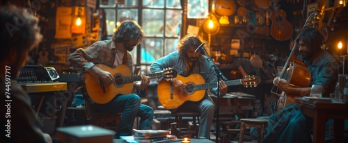 Two men strumming their guitars and harmonizing in a dimly lit bar, their passionate music and stylish clothing captivating the crowd © Larisa AI