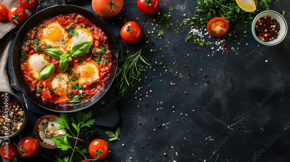 Food photography, shakshuka, top view, in a luxurious Michelin kitchen style, studio lighting.