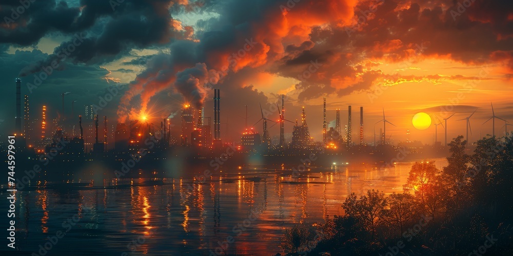 As the fiery sun sets over the tranquil water, a looming factory billows smoke into the vibrant sky, disrupting the peaceful nature surrounding it As the fiery sun sets over the tranquil water, a looming factory billows smoke into the vibrant sky, disrupting the peaceful nature surrounding it