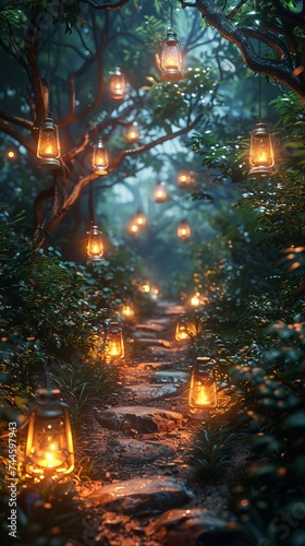 Dark forest pathway lit by AI guided lanterns shadows and technology blending seamlessly