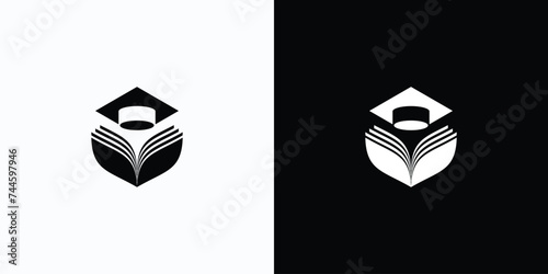 Vector logo design illustration of open book silhouette with graduation cap.