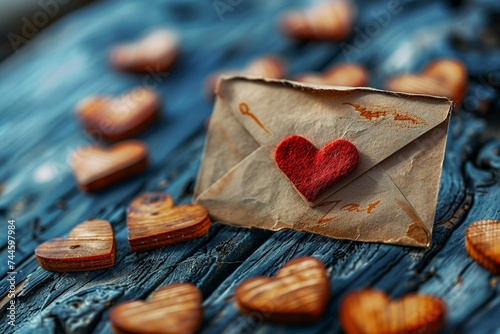 Love notes Valentine envelope placed on wooden hearts, rustic backdrop