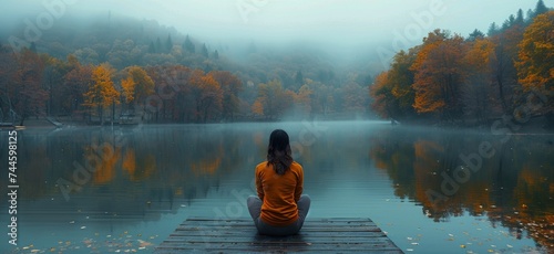 A solitary figure embraces the tranquil beauty of a misty autumn morning on the water's edge, surrounded by the changing colors of nature