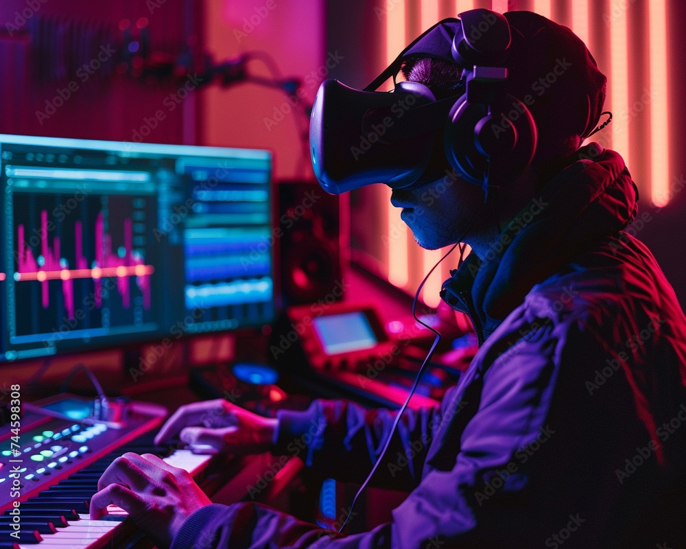 Virtual reality music production artist composing in a 3D sound studio creative and immersive soft light Virtual reality music production artist composing in a 3D sound studio creative and immersive soft light