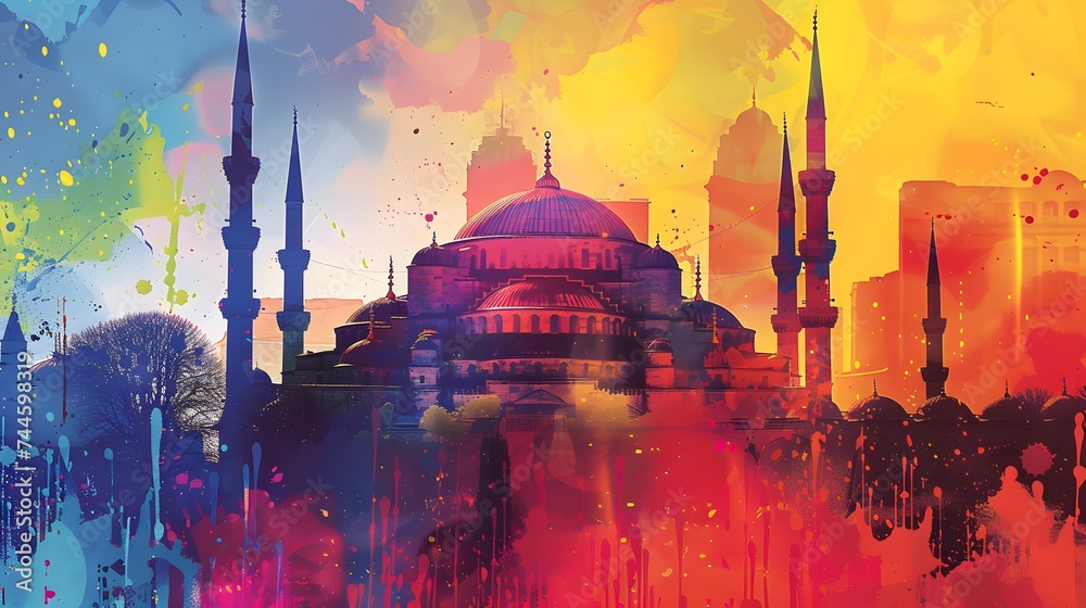 Obraz premium Colorful Hagia Sophia Silhouette in Sunset Hues Wallpaper Background