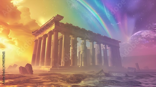 Parthenon Ancient Greek Ruins with Rainbow in Pastel Skies Wallpaper Background © Fever Dreams