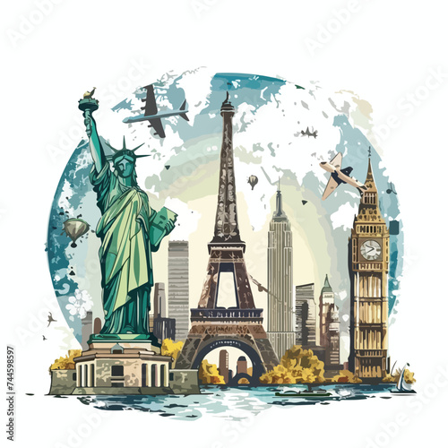 Travel around the world design with set monuments 