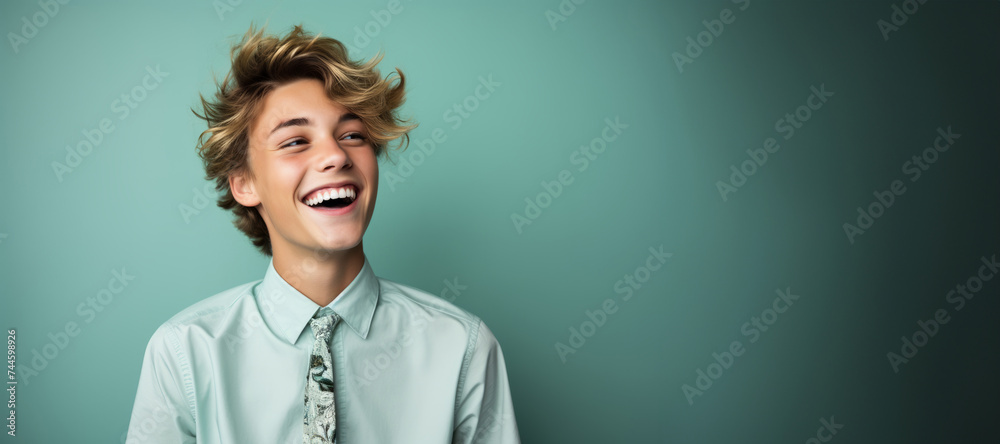 Portrait of a happy young man smiling and looking at the camera. Banner with space for text Portrait of a happy young man smiling and looking at the camera. Banner with space for text