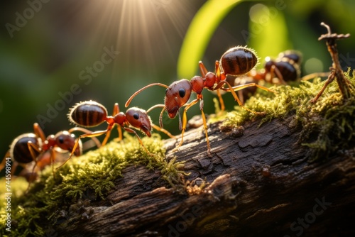 Ants on the moss in the forest. Nature and insects.