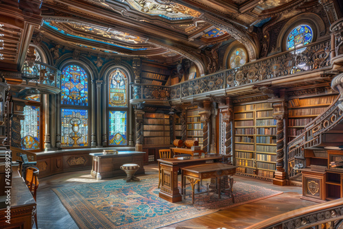 Ornate Renaissance library filled with leather-bound tomes  intricate woodwork.