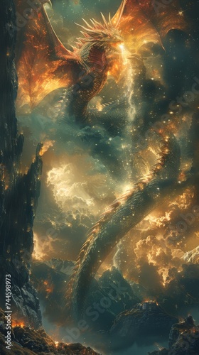 A dragon flying over an otherworldly landscape trailing stardust in its path