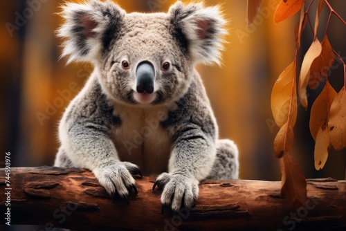 Cute koala sitting on a branch in the autumn forest. photo
