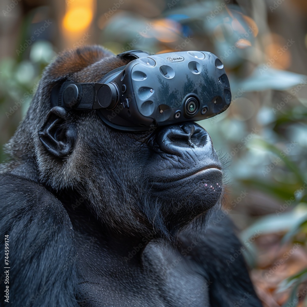 A VR headset on a gorilla showcasing its reaction to immersive jungle simulations A VR headset on a gorilla showcasing its reaction to immersive jungle simulations