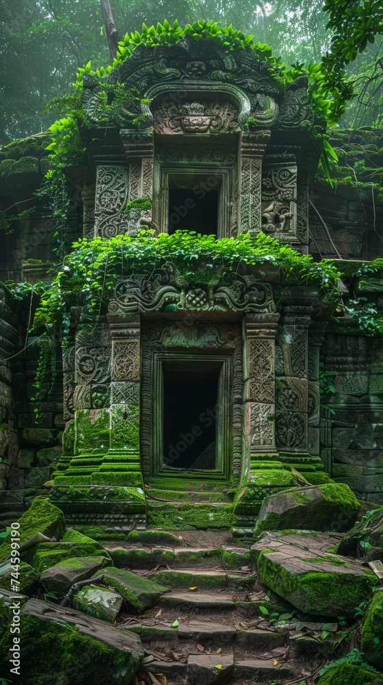 A temple in a lush forest with walls that seamlessly blend stone and living vines A temple in a lush forest with walls that seamlessly blend stone and living vines