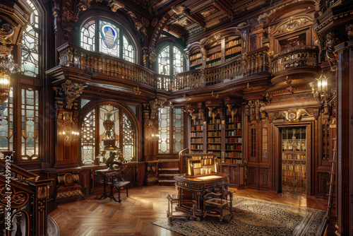 Ornate Renaissance library filled with leather-bound tomes, intricate woodwork.