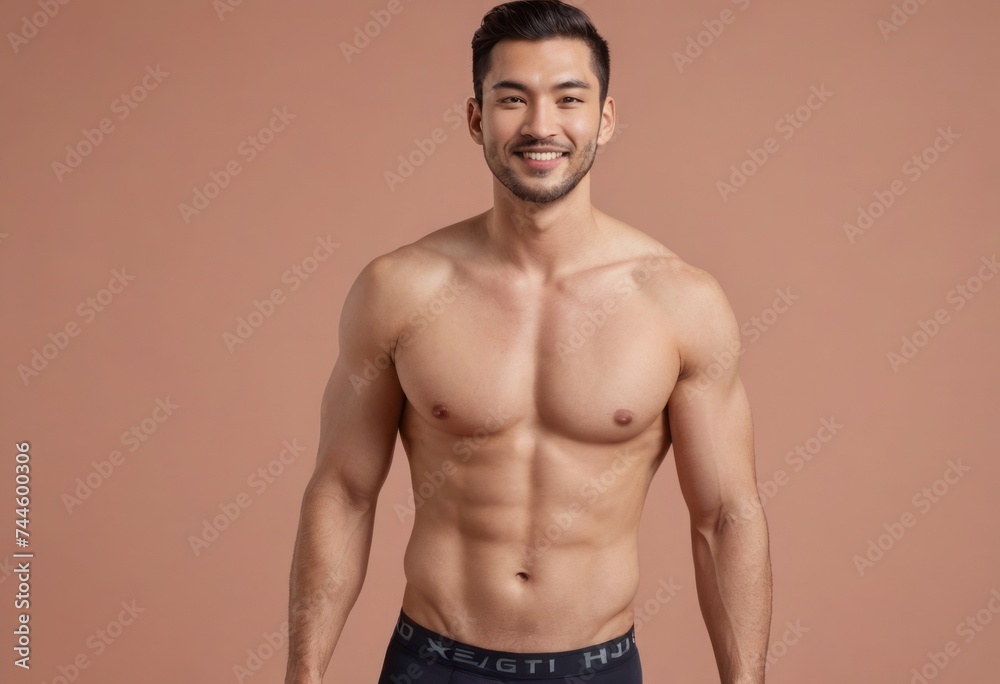 A fit man without a shirt, showcasing a well-defined physique, his confidence apparent in his stance and expression.
