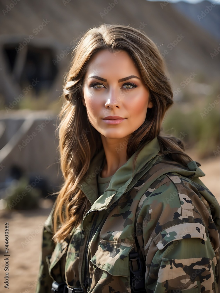 Portrait of a beautiful female soldier wearing camouflage on a base camp background from Generative AI
