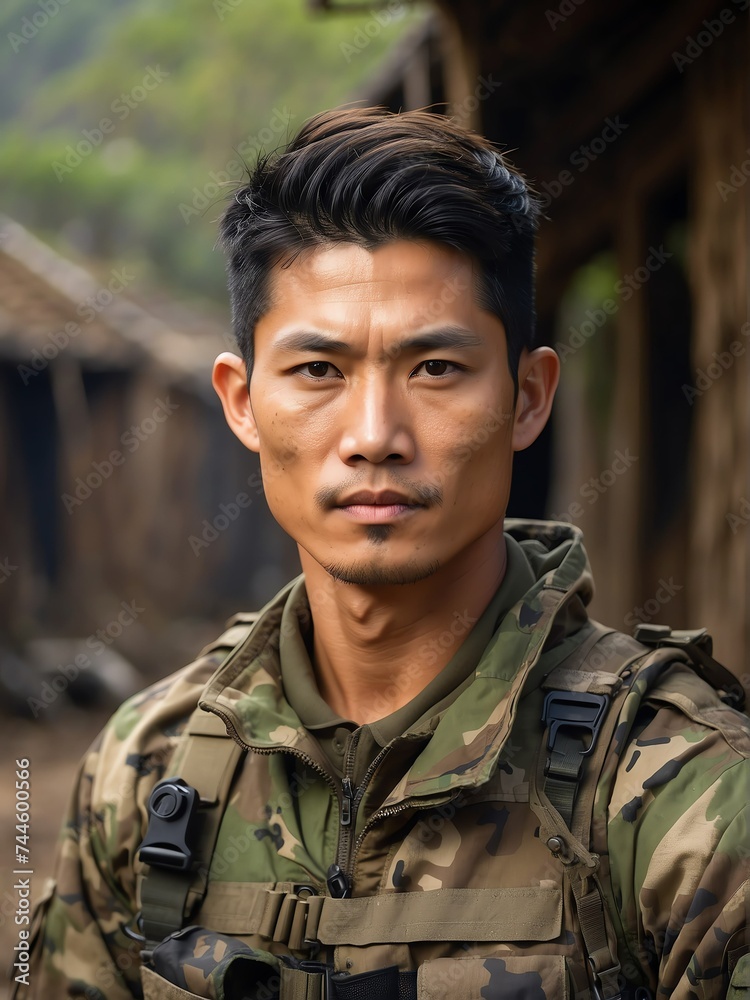 Portrait of a handsome male asian soldier wearing camouflage on a base camp background from Generative AI
