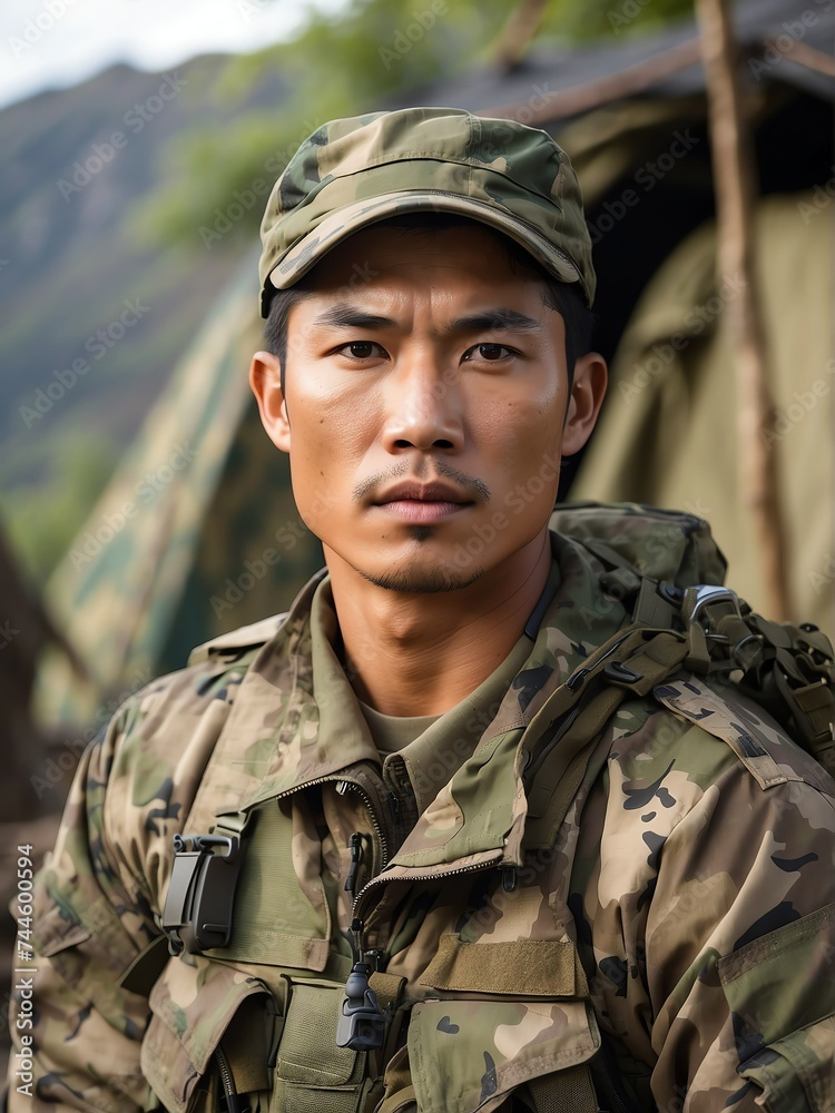 Portrait of a handsome male asian soldier wearing camouflage on a base camp background from Generative AI
